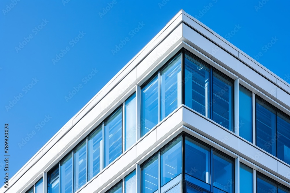 An architectural detail of a modern office building against a blue sky backdrop