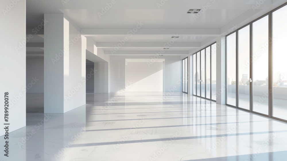 A large, empty room with white walls and a white floor. The room is large and open, with a lot of natural light coming in through the windows. The space is clean and uncluttered, giving it a modern A large, empty room with white walls and a white floor. The room is large and open, with a lot of natural light coming in through the windows. The space is clean and uncluttered, giving it a modern