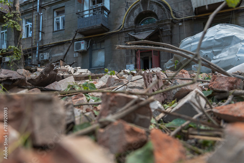 A Russian missile hit a residential building in the city of Dnipro, Ukraine. Damaged apartment building after a massive missile attack on 04.19.24. Scars of war. Consequences of the attack