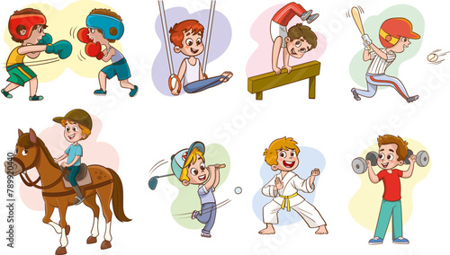 Set of Kids Playing Different Sports Vector Illustration