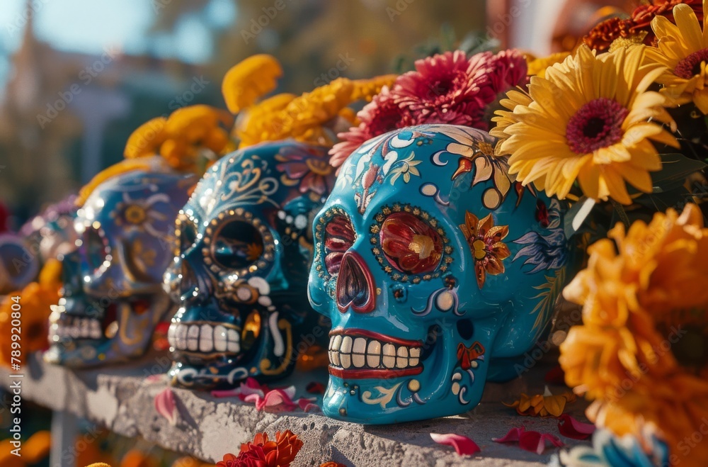 Colorful sugar skulls were on display at a Mexican Day of the Dead festival, creating a vibrant and festive atmosphere with flowers in the background. The high resolution photography was taken Colorful sugar skulls were on display at a Mexican Day of the Dead festival, creating a vibrant and festive atmosphere with flowers in the background. The high resolution photography was taken