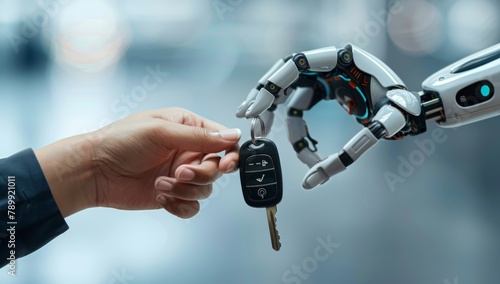 A human hand is handing over the car keys to an AI robot in a real photo against a gray background in the style of stock photography. 
