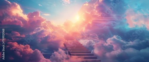Stairs leading to the sky, surrounded by clouds and sunlight. The stairs create an upward visual effect with soft colors. In front of them is another set of stairs leading up into heaven.  photo