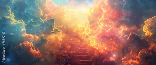 Stairs leading to the sky, surrounded by clouds and sunlight. The stairs create an upward visual effect with soft colors. In front of them is another set of stairs leading up into heaven.  photo