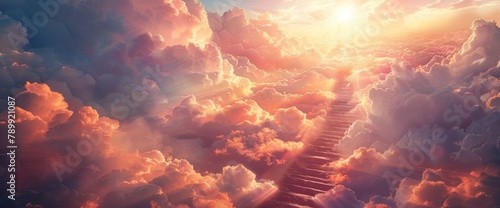 A stairway leading to the clouds, with sunlight shining down on it. The stairs lead up into a beautiful sky filled with fluffy white and pinkish red clouds. In front of them is an endless expanse #789921087