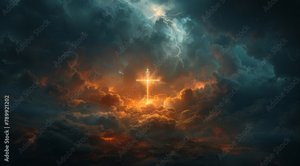 A cross shining in the sky with dark clouds and lightening,  partstation style 