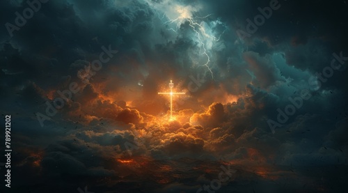 A cross shining in the sky with dark clouds and lightening, partstation style 