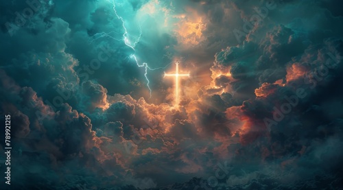 A cross is shining in the sky surrounded by dark clouds, with light piercing through them. The scene includes a beam of sunlight and lightning striking the ground below. A cinematic feel to it