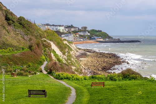 Benches near Castle Cove overlooking Ventnor Bay, Isle of Wight, UK photo