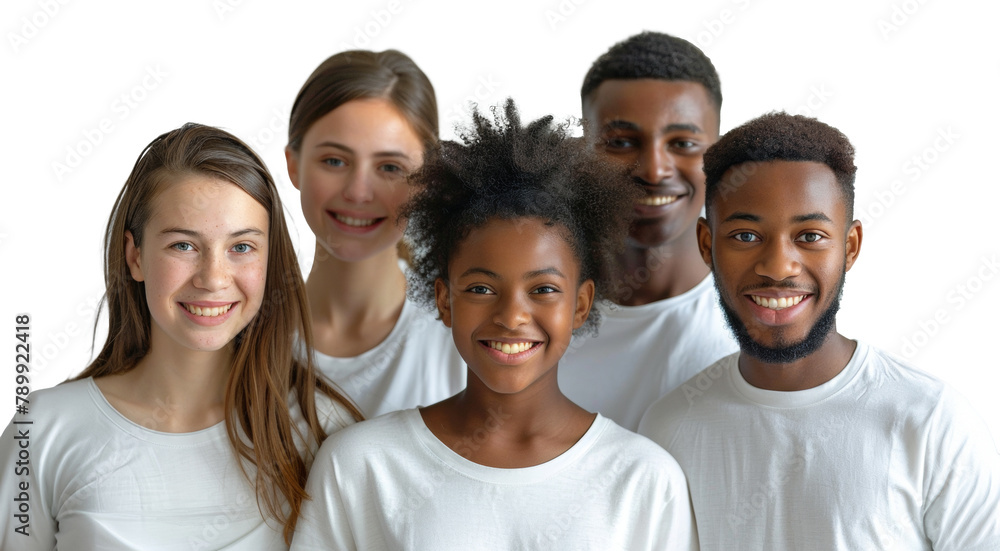 Diverse group of happy people wearing white shirts isolated on transparent background