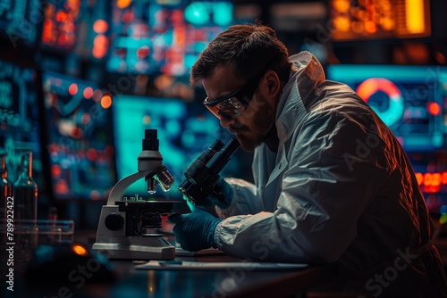 Researcher Working in a blue Lit High-Tech Lab