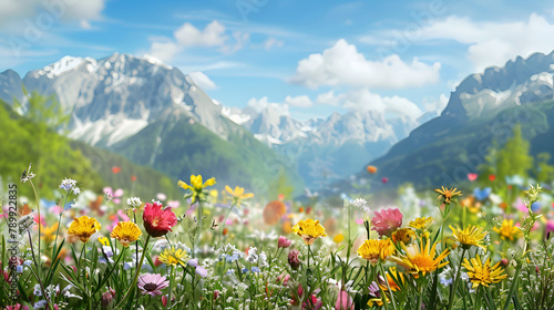 Arnica plant montana field swiss flowers wallpaper Wide shot of yellow Arrowroot Balsam flowers waving in the wind on lush green prairie with mountains in the background and a beautiful, Generative Ai photo