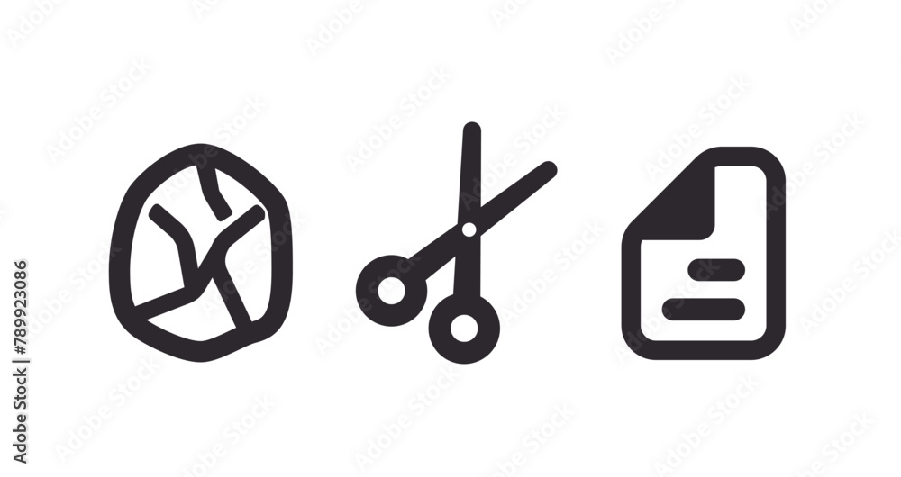 Rock paper scissors game vector icon set. Mono line design elements. Monochrome black pictograms on white background.