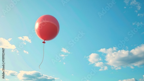 Single Red Balloon Soaring in Blue Sky with Fluffy Clouds. Symbol of Freedom and Joy. Ideal for Festive Concepts. Simple, Clean Imaging. AI