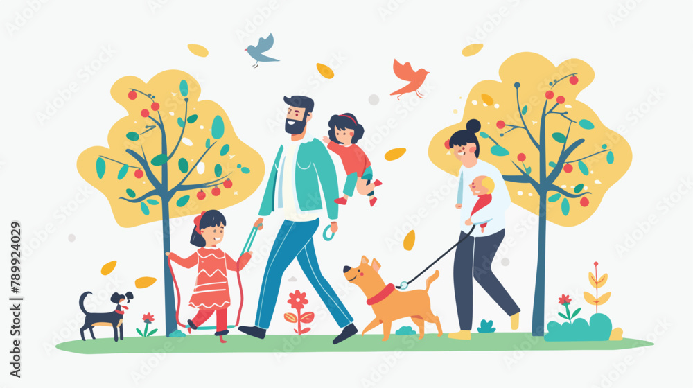 Mother and father with children and dog. Happy family