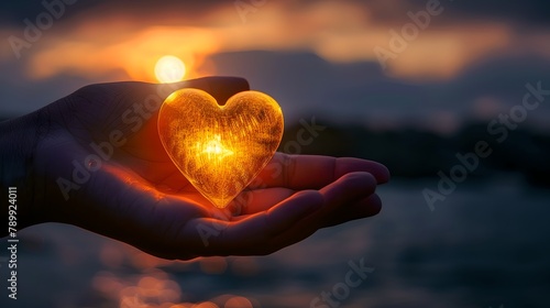 Glowing Heart in Hand at Sunset  Symbol of Love and Hope. Warm Colors Embrace Concept of Care and Passion. Ideal for Romantic Moments. AI