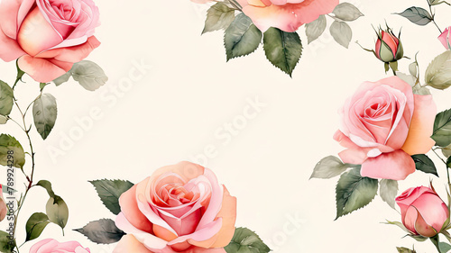Watercolor rose flower frame, floral background, space for text