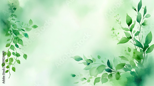 Watercolor green background with leaves, natural background, place for text