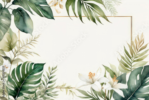 Watercolor frame with tropical leaves and flowers, natural background,space for text