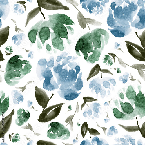 Watercolor floral in blue  emerald and brown. Seamless pattern. 