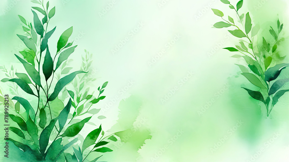 Watercolor frame made of green leaves, natural background, space for text Watercolor frame made of green leaves, natural background, space for text