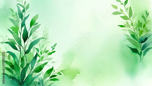 Watercolor frame made of green leaves, natural background, space for text