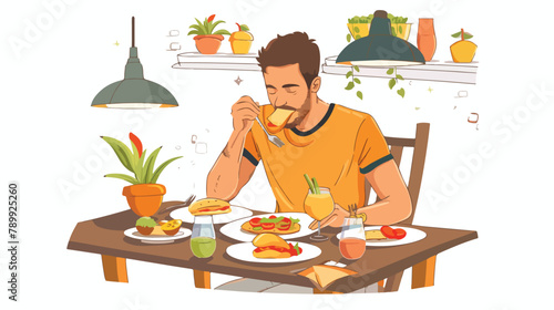 Man is eating in a restaurant and enjoying delicious