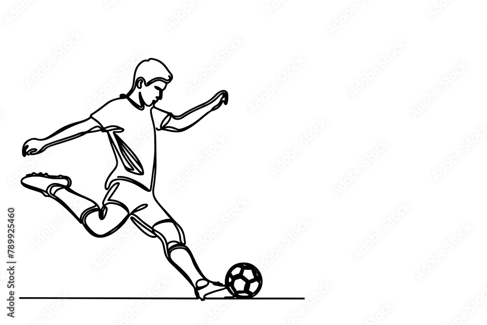 One continuous black line drawing of man football player take a free kick on white background doodle cartoon of sport outline style vector