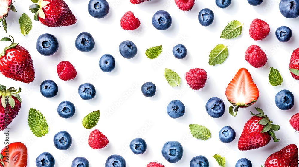 Assorted fresh berries spread on white background. Healthy eating theme. Simple and clean. Perfect for food blogs and menus. Colorful and vibrant image. AI Assorted fresh berries spread on white background. Healthy eating theme. Simple and clean. Perfect for food blogs and menus. Colorful and vibrant image. AI