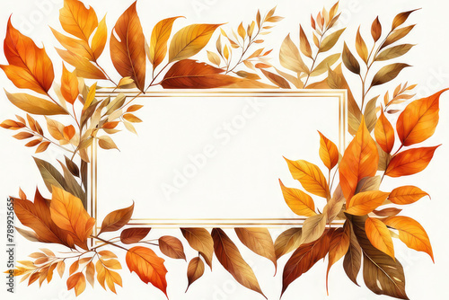Watercolor frame made of autumn leaves, space for text, white background