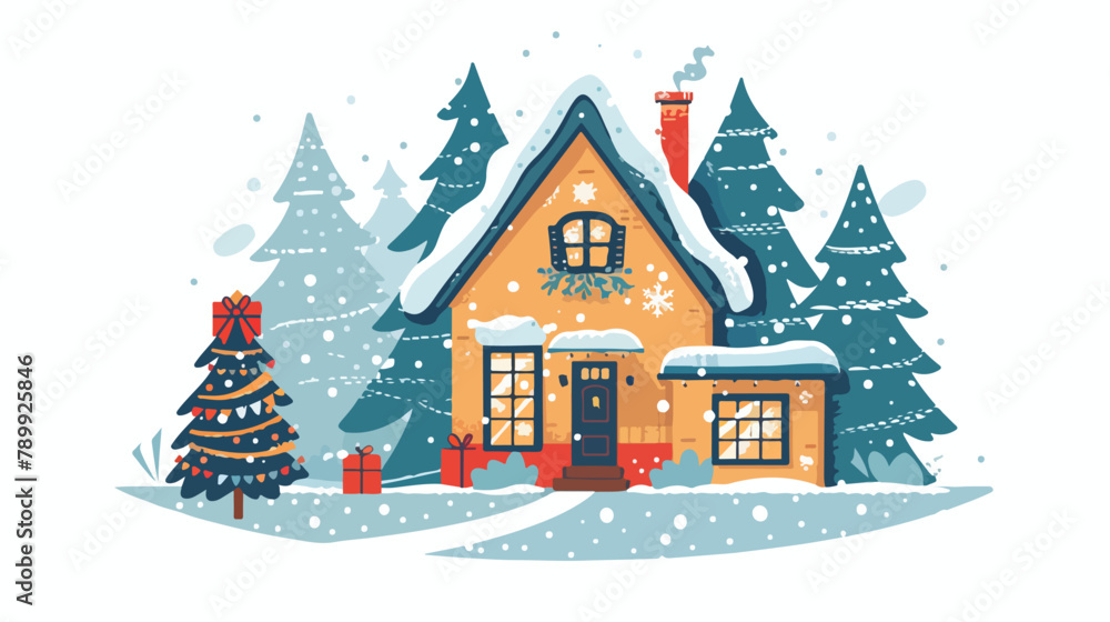 New Year and Christmas. House and christmas tree vector