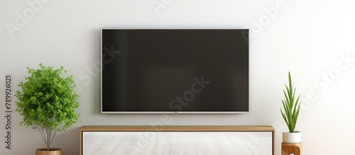 A television affixed on the wall in a living area photo