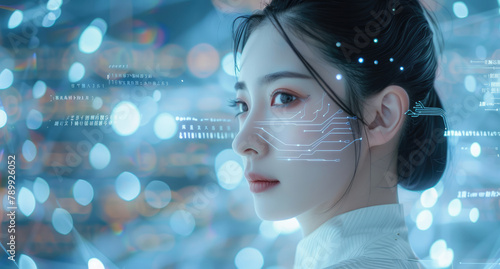 A beautiful Chinese woman wearing white, futuristic made of light and wireframe hologram fabric with digital circuitry patterns in the background