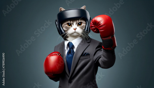 ボクシンググローブとヘッドギアを付けて戦う姿勢の猫