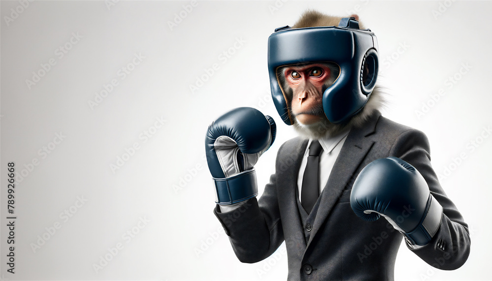 ボクシンググローブとヘッドギアを付けて戦う姿勢の日本猿