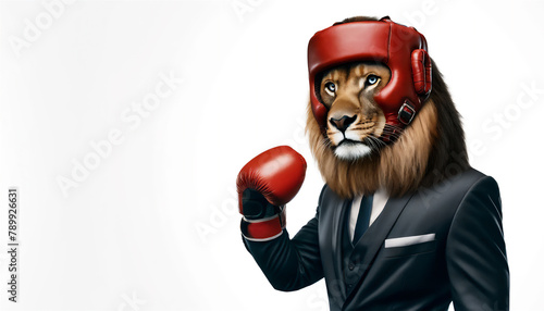 ボクシンググローブとヘッドギアを付けて戦う姿勢のライオン