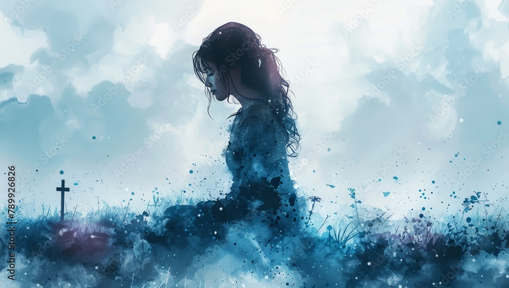 Young woman kneeling and looking at the cross in the sky. Digital watercolor painting. Young woman kneeling and looking at the cross in the sky. Digital watercolor painting.
