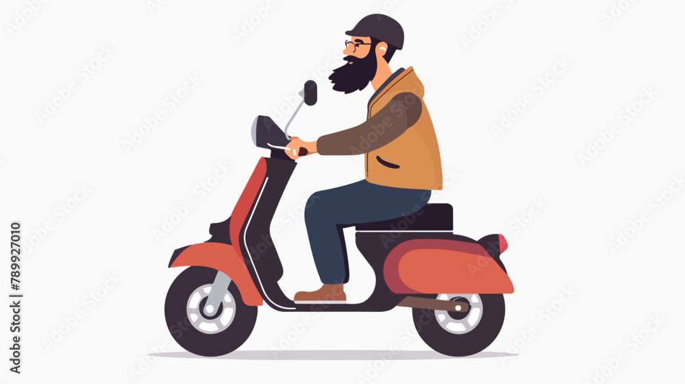 Man with beard riding retro scooter. Vector flat illustrations