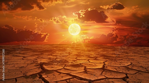Hyper-realistic depiction of a scorching sun over a parched desert photo
