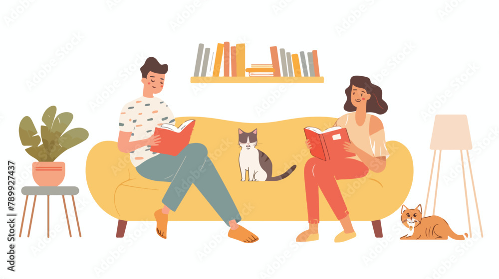 Man woman and cat sitting on the couch with books. Vector