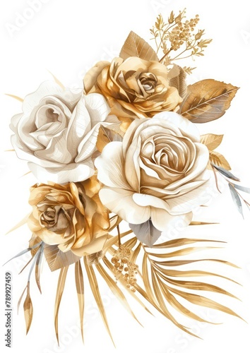 Elegant bouquet of roses and tropical leaves in beige color