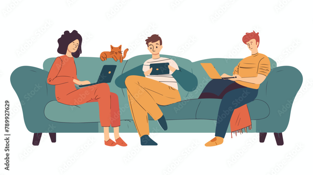 Man woman and cat sitting on the sofa with gadgets. Vector