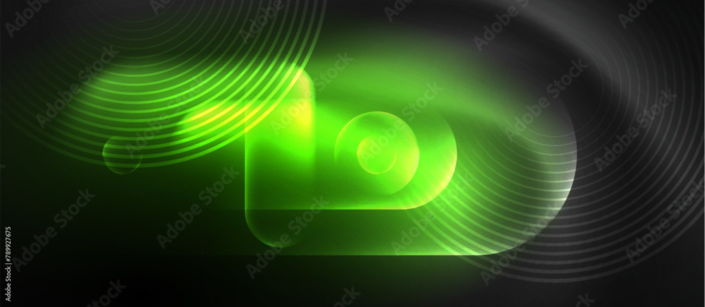 Fototapeta premium Automotive lighting technology creates a visual effect with a green neon light resembling a camera lens. The electric blue circle pattern emits from the headlamp