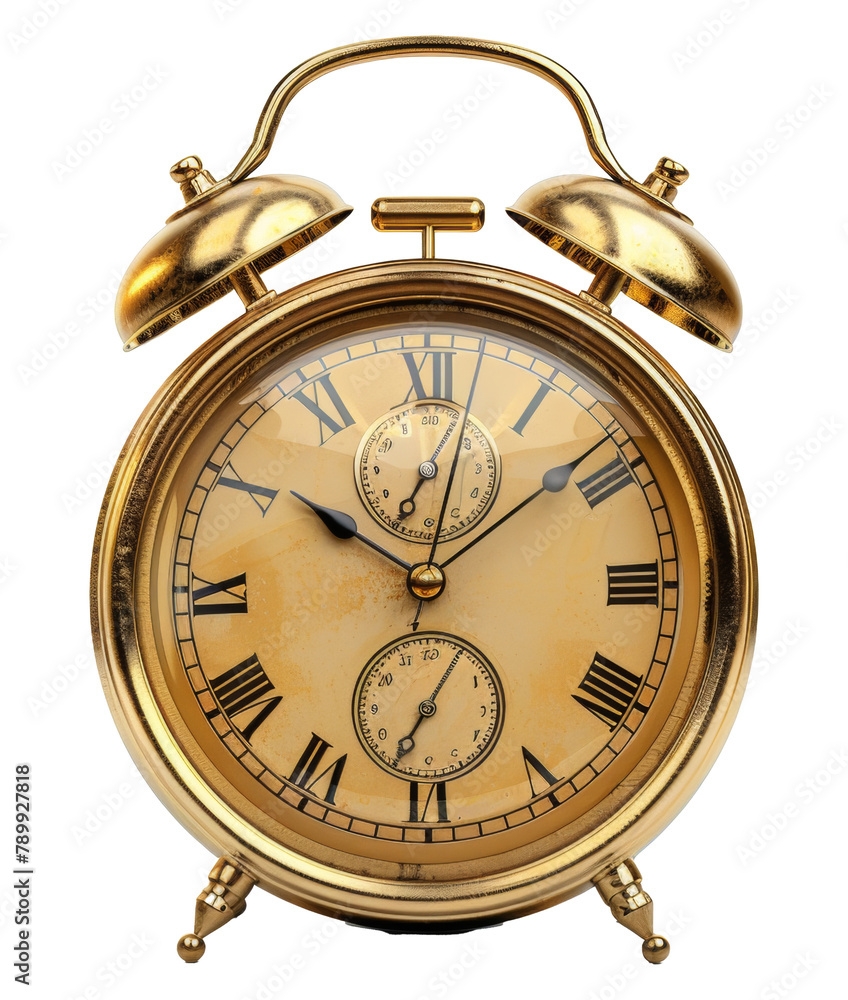 Classic gold alarm clock with roman numerals isolated on transparent background