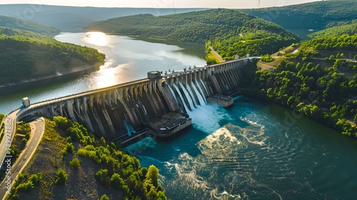 Aerial View of a Majestic Hydroelectric Dam at Sunset. Renewable Energy Generation. Industrial Landscape. Scenic Aerial Shot with Water and Trees. Sustainable Resources Concept. AI
