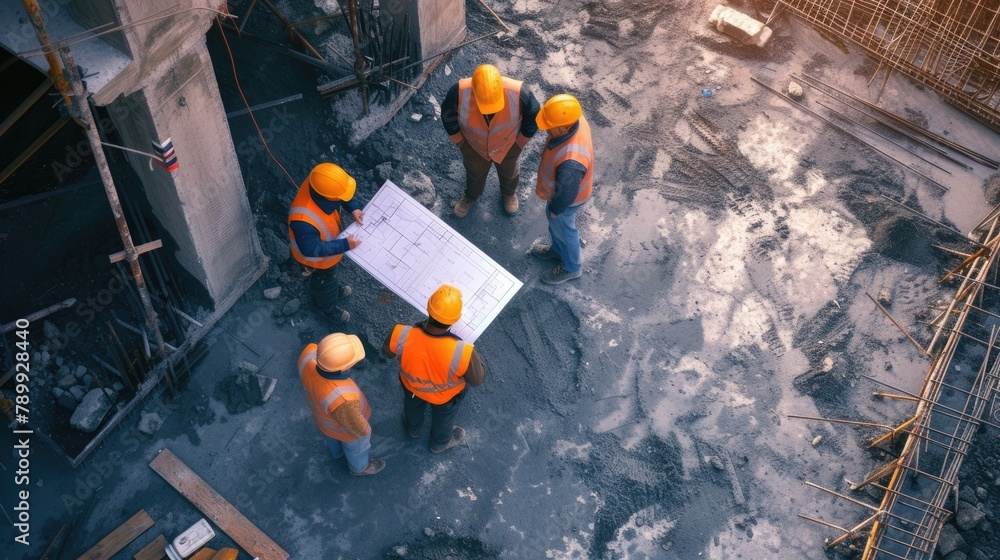 Construction workers examining a blueprint amidst the scenic landscape, with water and art enhancing the building's architecture. AIG41