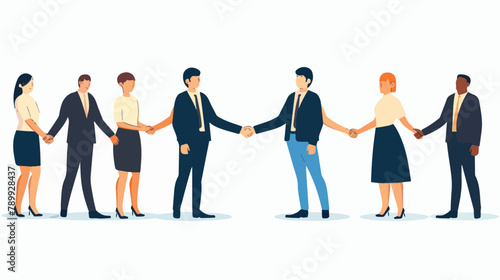 Men and women in full height shake hands. Male handsh