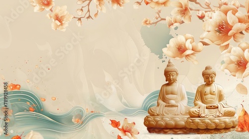 banner background Theravada New Year Day theme, and wide copy space, An illustration of the Eight Auspicious Symbols of Buddhism, each representing a different aspect of spiritual life,  photo