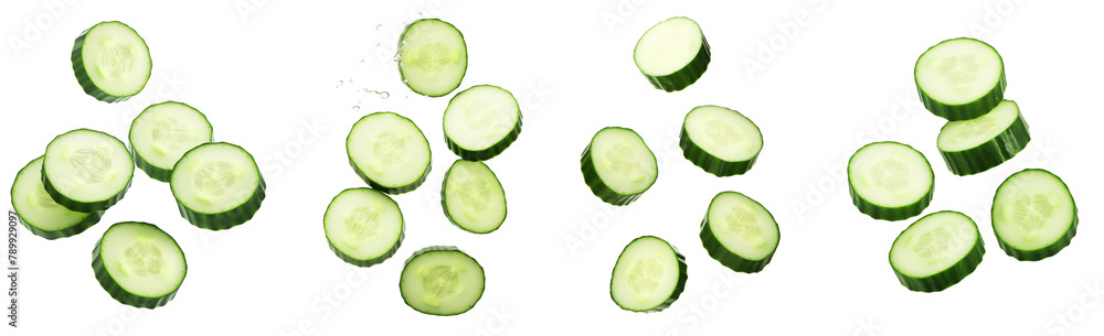 Falling cucumber slice isolated on white background, clipping path, full depth of field Falling cucumber slice isolated on white background, clipping path, full depth of field