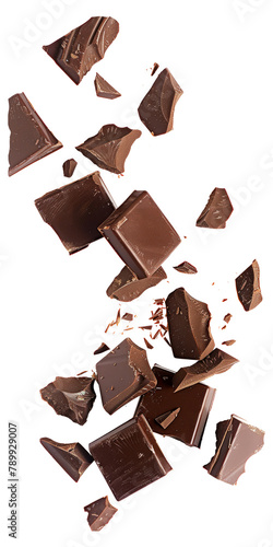 Pieces of dark chocolate falling close up on a white background